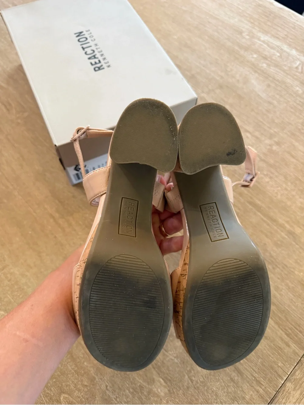 Kenneth Cole Reaction Reebeka Nude Patent Cork Block Heel Sandals Women’s Size 8